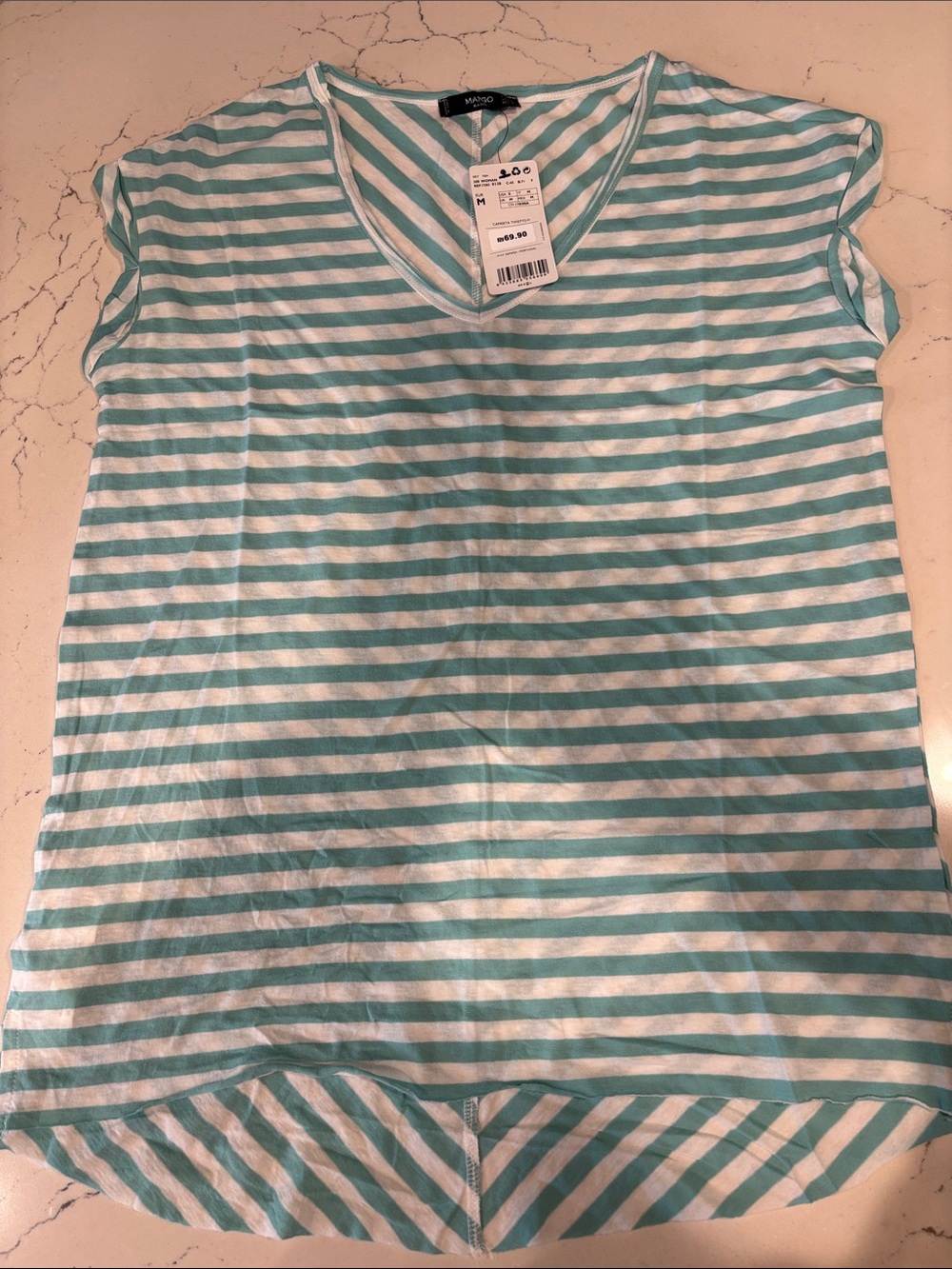 Mango Mint & White Striped V-Neck Short Sleeve Tee Sz S NWT
